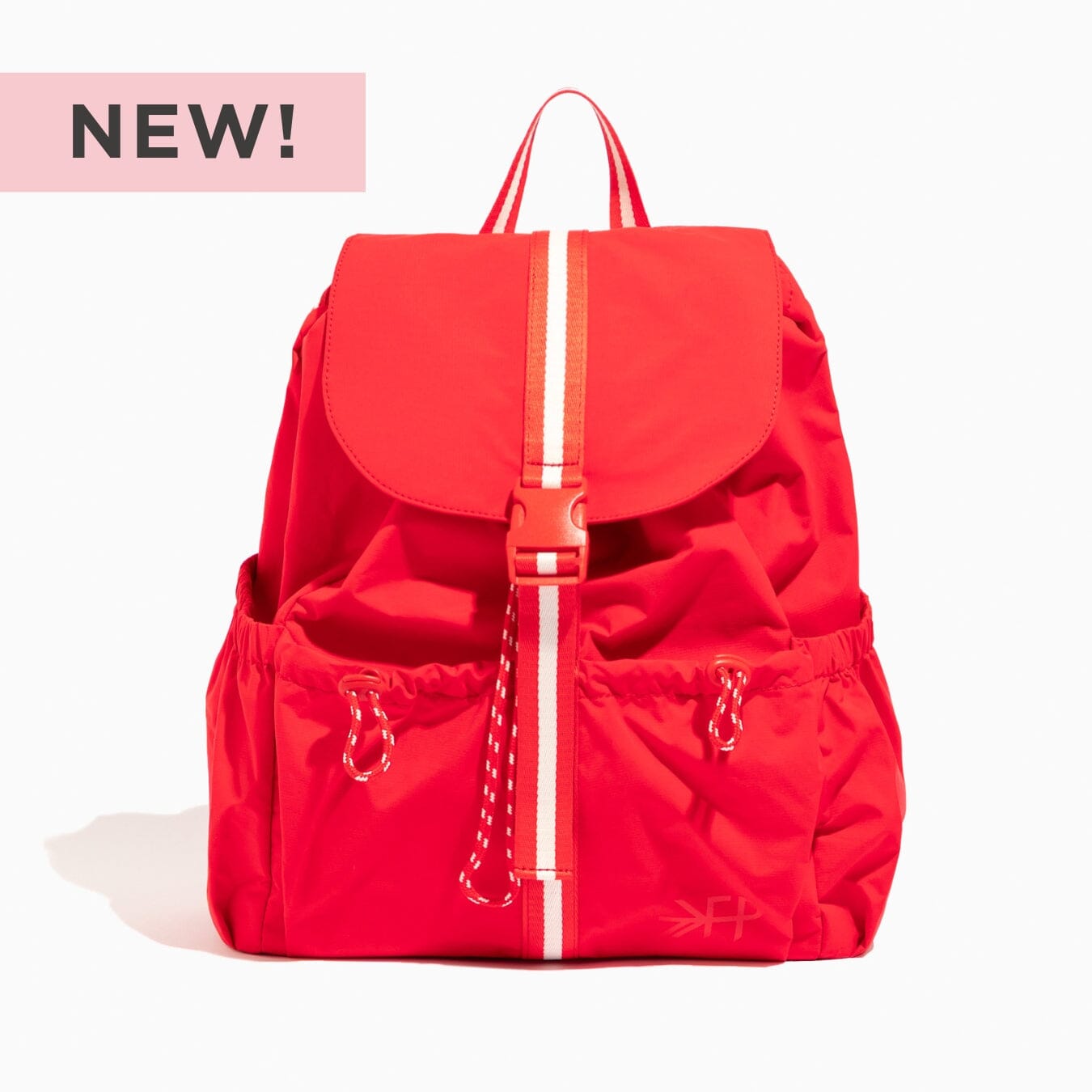 Cherry Motion Drawcord Backpack in red with white stripe detail.