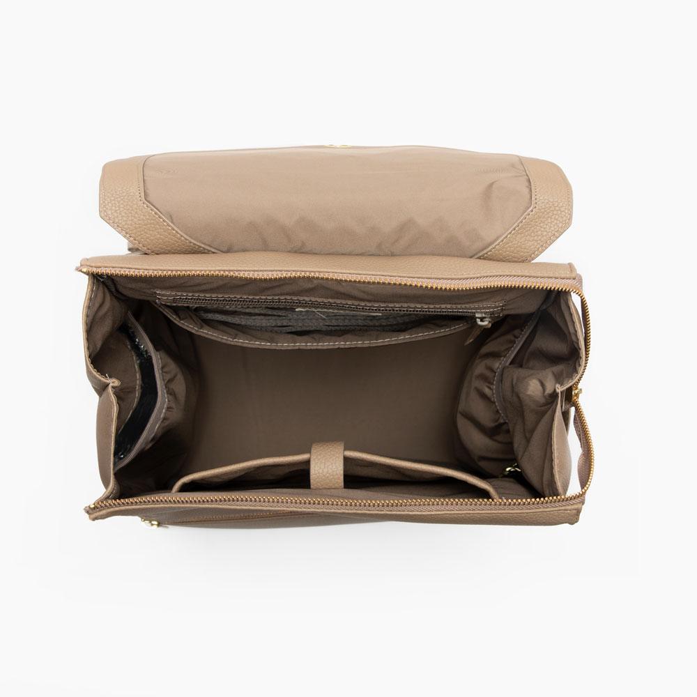Aspen Classic Diaper Bag II in stone being worn as a backpack.