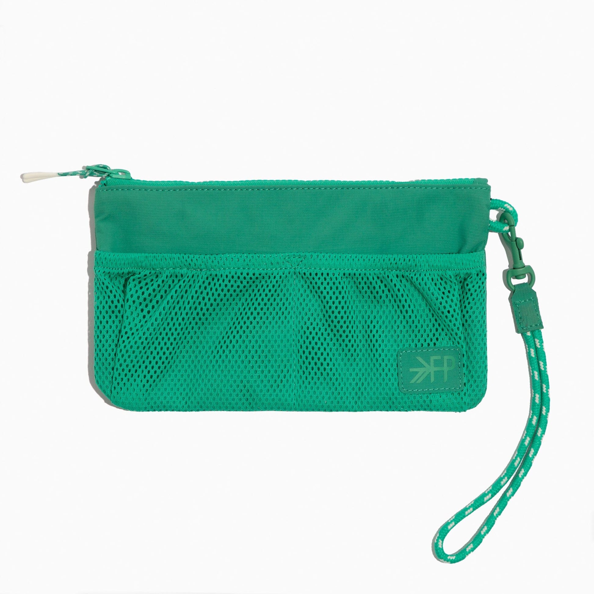 Kelly Motion Wristlet Pouch in green with mesh pockets and wrist strap.