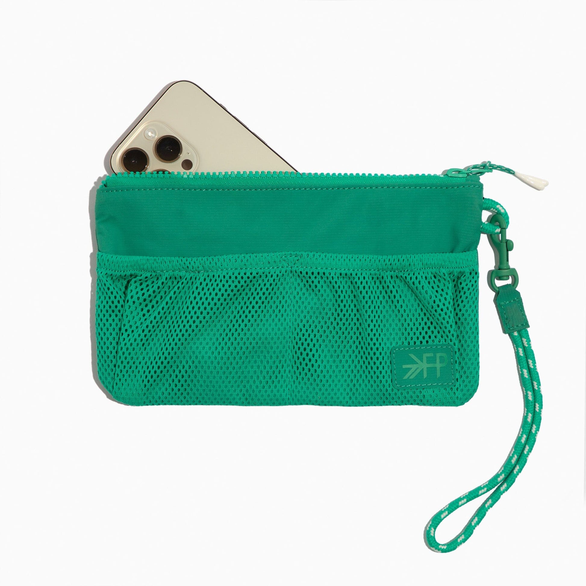 Green Kelly Motion Wristlet Pouch with phone in mesh pocket.