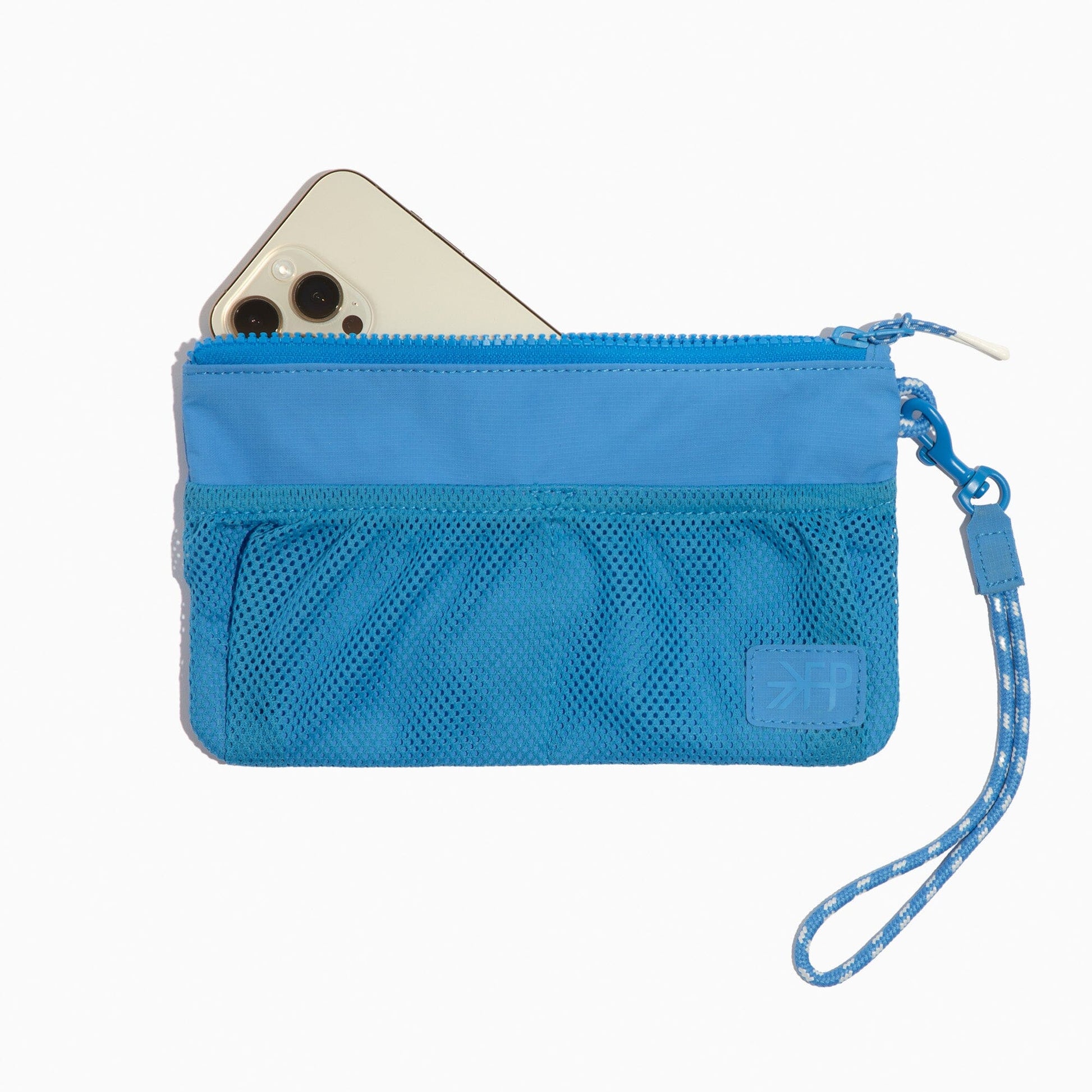 Blue Wave Motion Wristlet Pouch with phone in mesh pocket, demonstrating functionality.