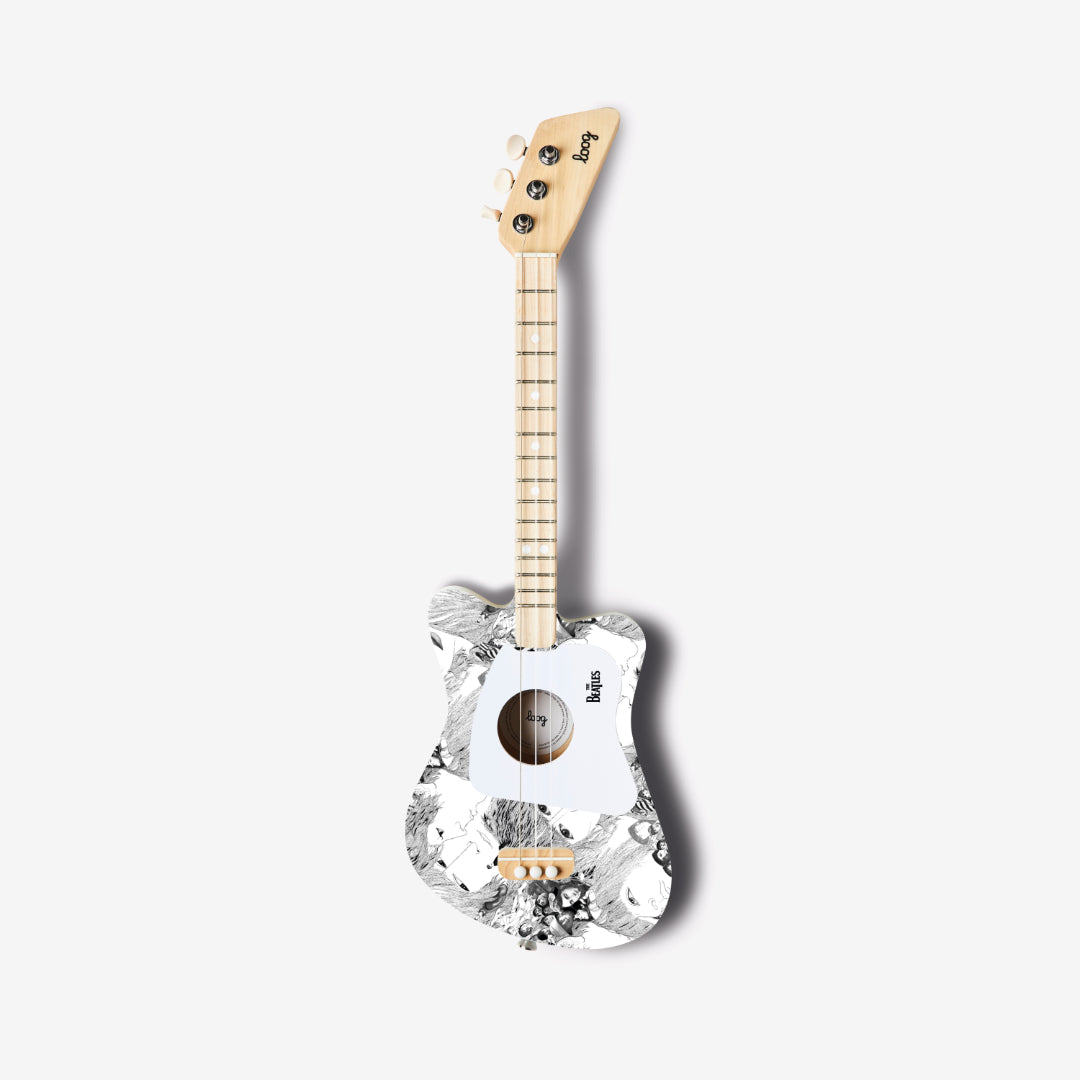 Full view of The Beatles Loog Mini guitar with Beatles character design.