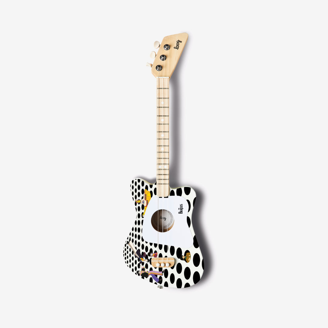 Full view of The Beatles Loog Mini guitar with Beatles-themed design