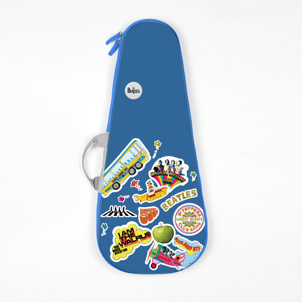 Beatles Loog gig bag featuring iconic album art stickers on a blue guitar case.