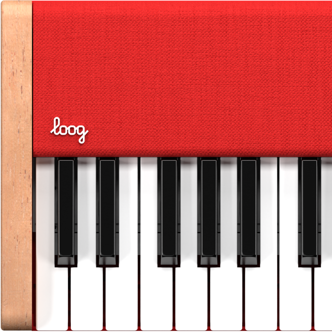 Close-up of red Loog piano, showing logo and keys.