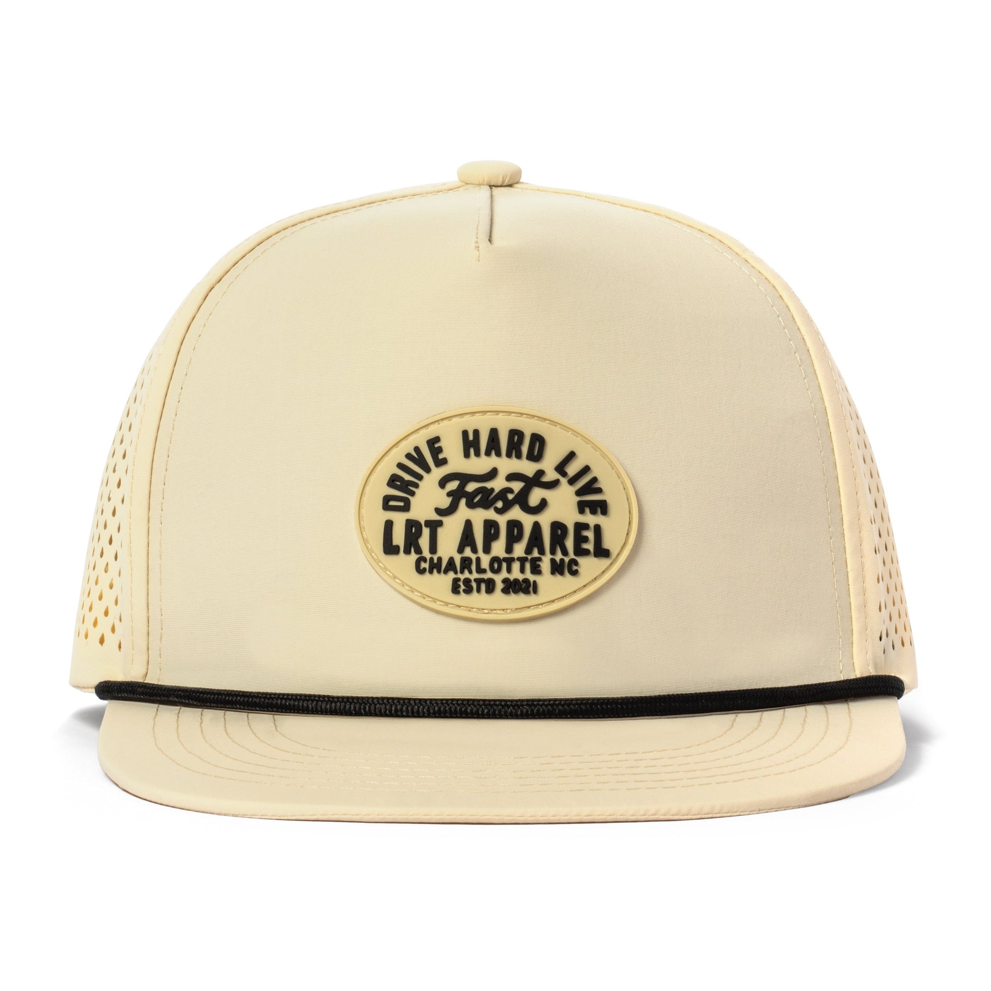 Front view of cream waterproof Apex snapback hat with black rope accent.