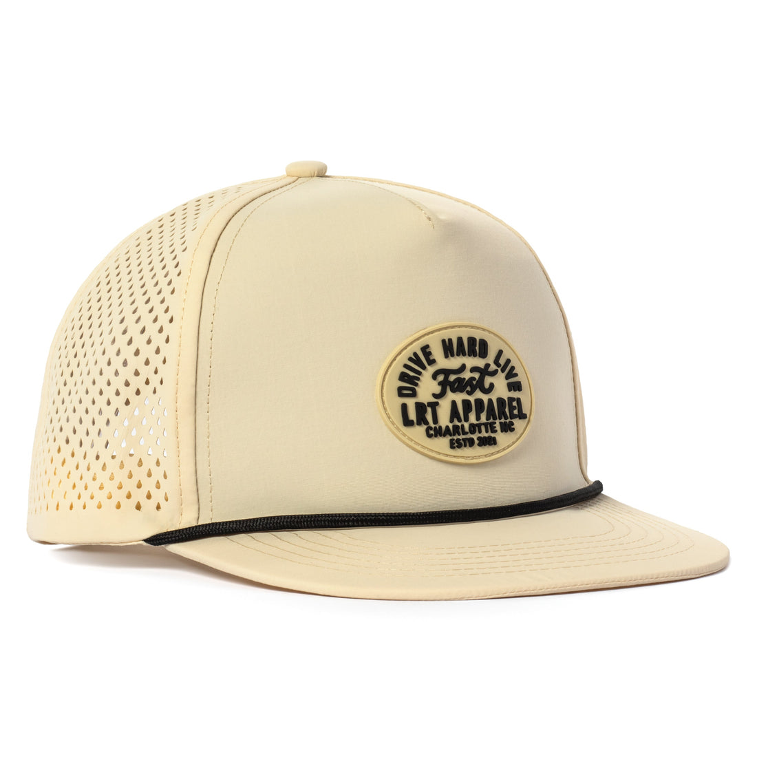 Cream Apex snapback hat with black accent visor and 'Drive Hard Live Fast' logo.