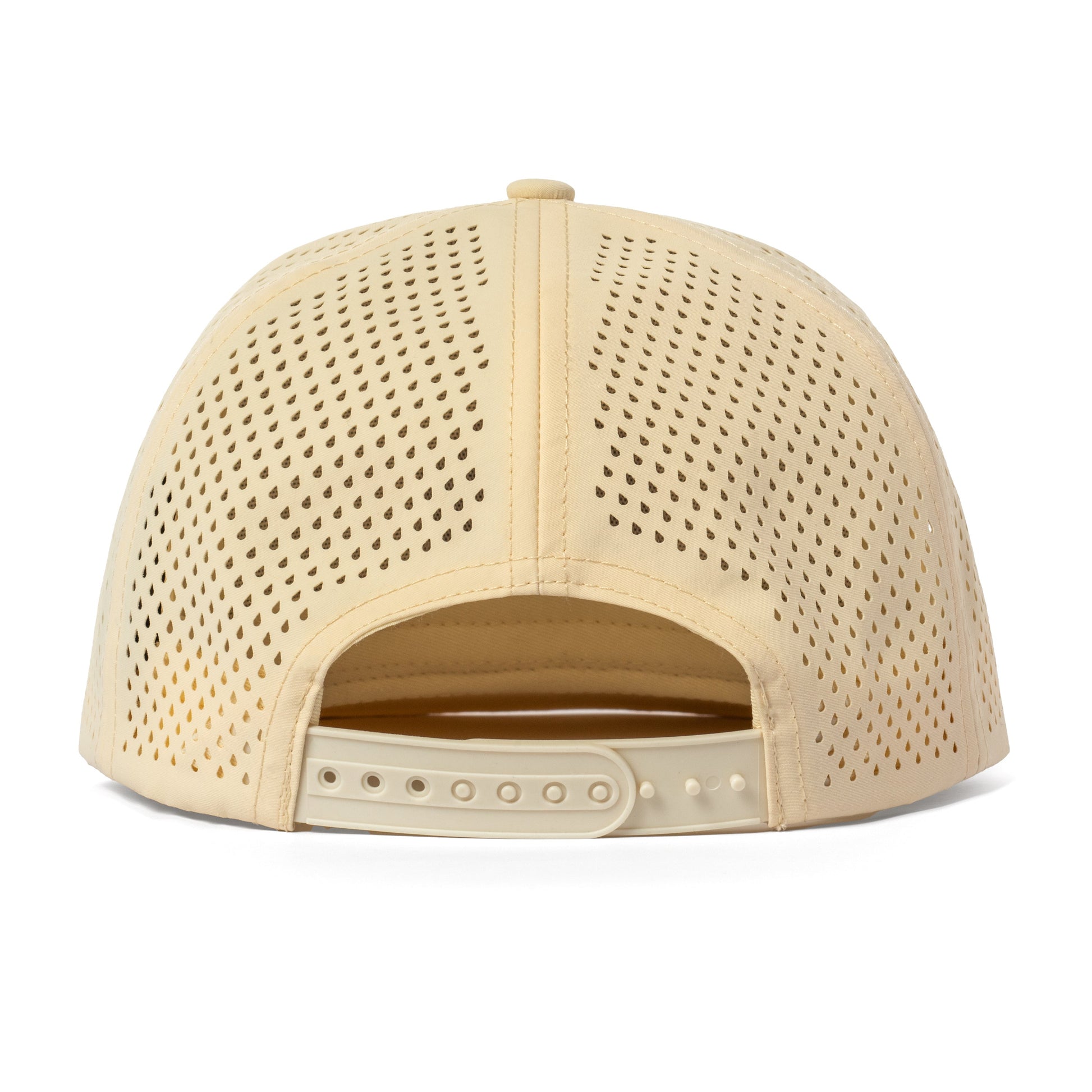Back view of cream Apex snapback hat showing snapback closure and laser-cut ventilation.