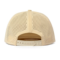 Back view of cream Apex snapback hat showing snapback closure and laser-cut ventilation.