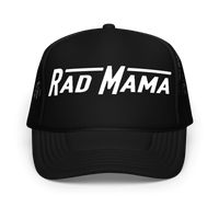 Front view of the black RAD MAMA foam trucker hat with white embroidery.