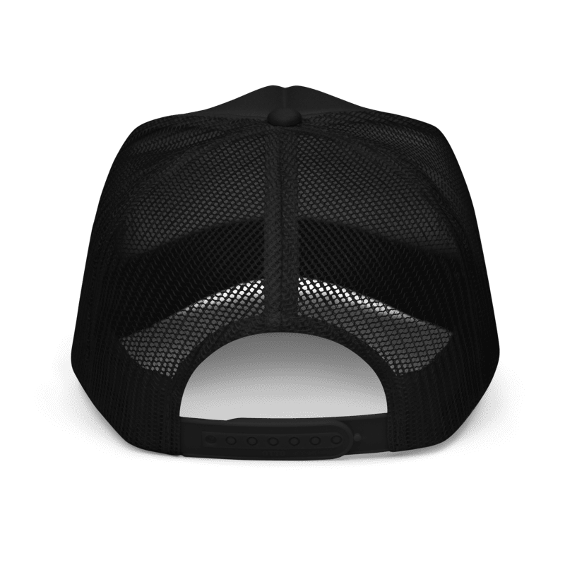 Back view of the black RAD MAMA trucker hat showing the mesh and adjustable strap.