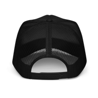 Back view of the black RAD MAMA trucker hat showing the mesh and adjustable strap.