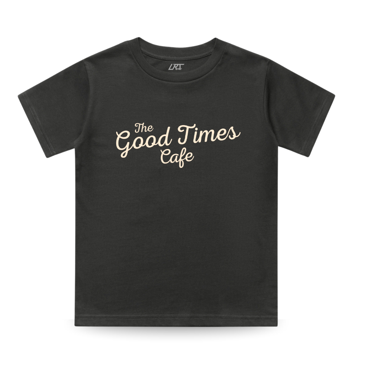 Front of The Good Times Cafe Tee with the cafe logo on a dark shirt.
