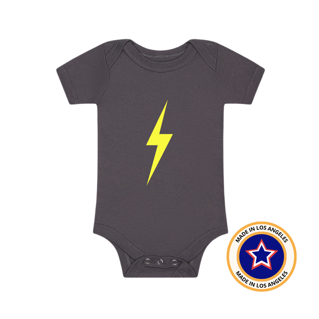 The Spark Neon Yellow Onesie in grey with a vibrant yellow lightning bolt design.