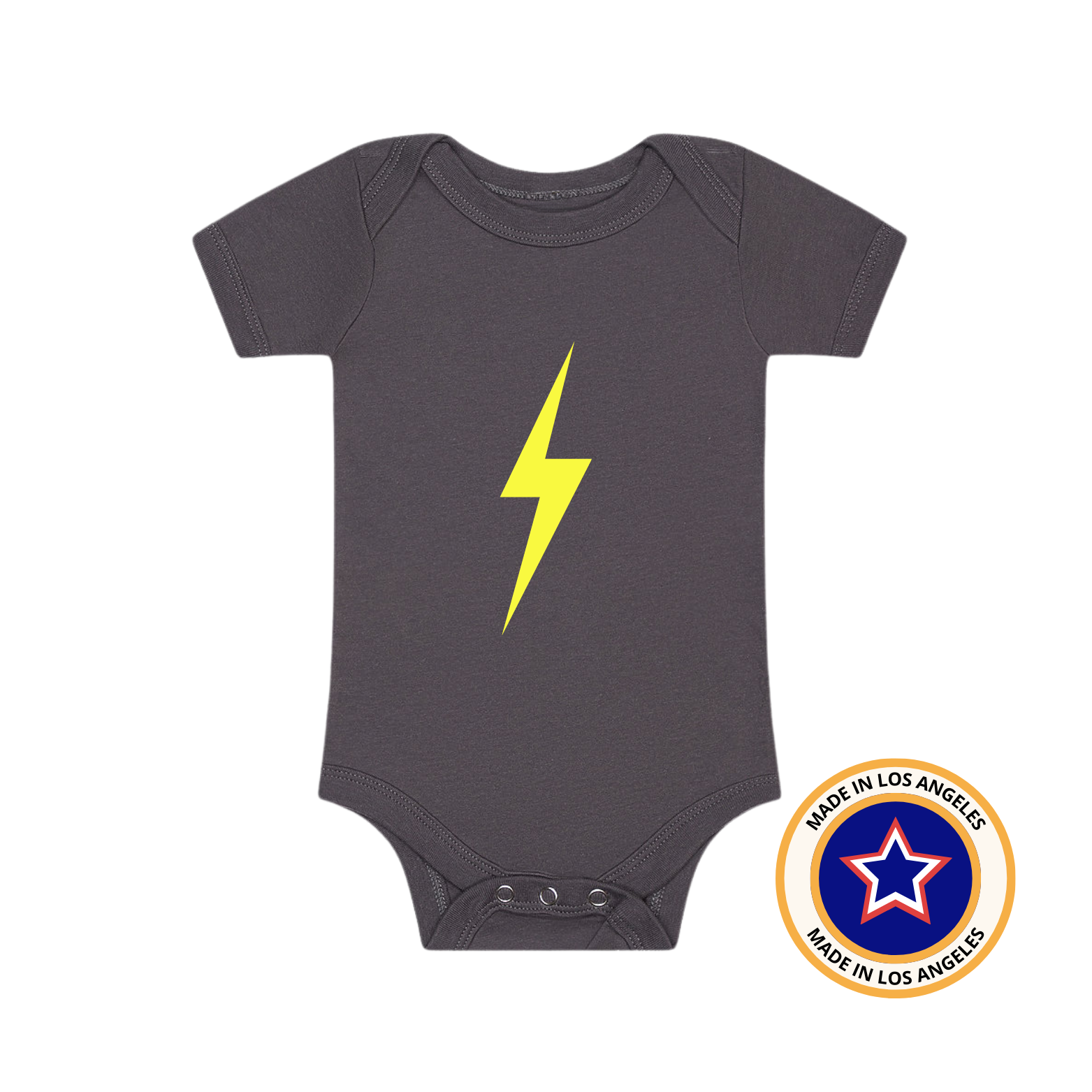 The Spark Neon Yellow Onesie in grey with a vibrant yellow lightning bolt design.