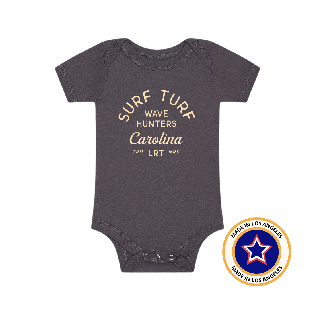 Grey Wave Hunter Onesie featuring surf-inspired design for babies and toddlers.