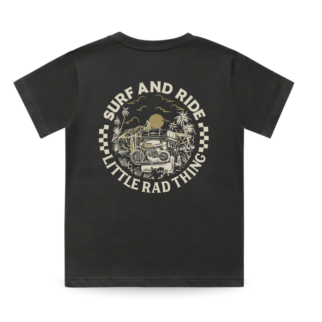 Back of Surf N Ride tee with vintage surf car graphic