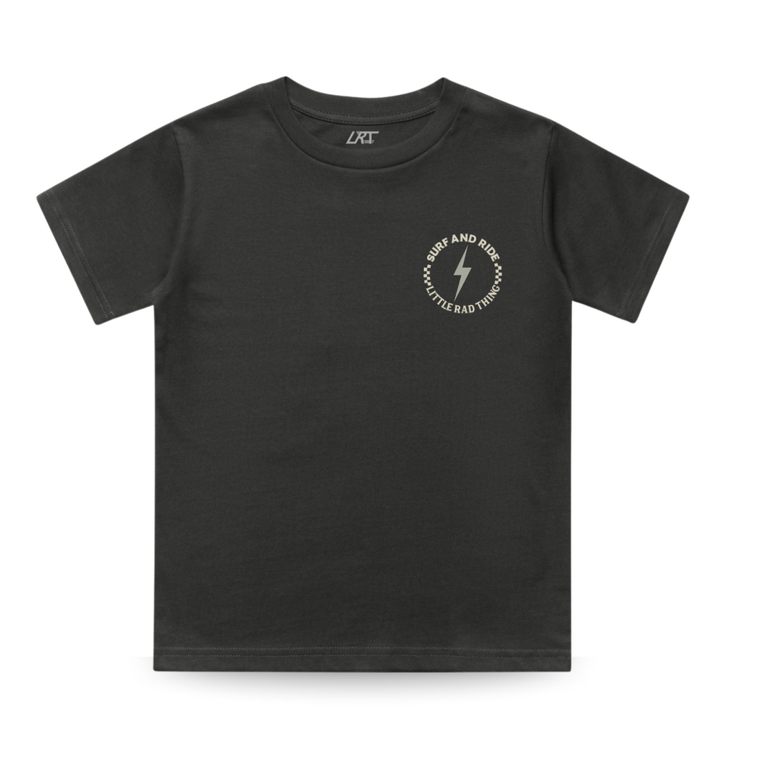 Surf N Ride tee front with lightning bolt graphic
