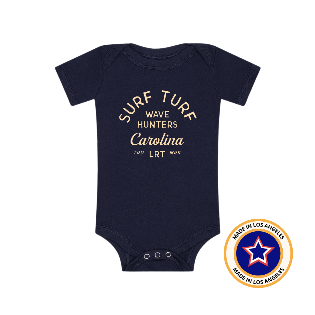 Black Wave Hunter Onesie featuring Surf Turf Carolina design for babies and toddlers.