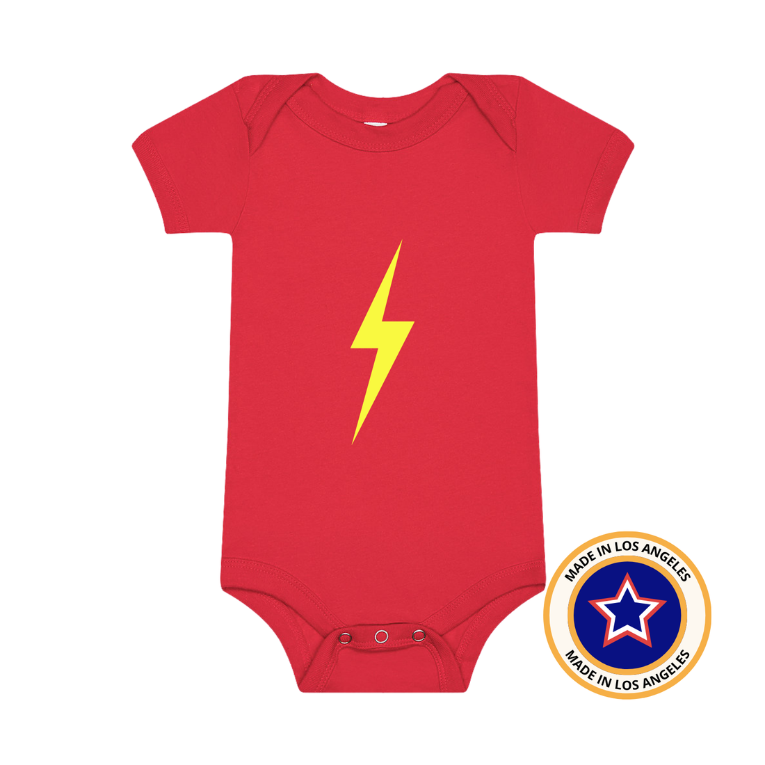 Red baby onesie with a neon yellow lightning bolt design.