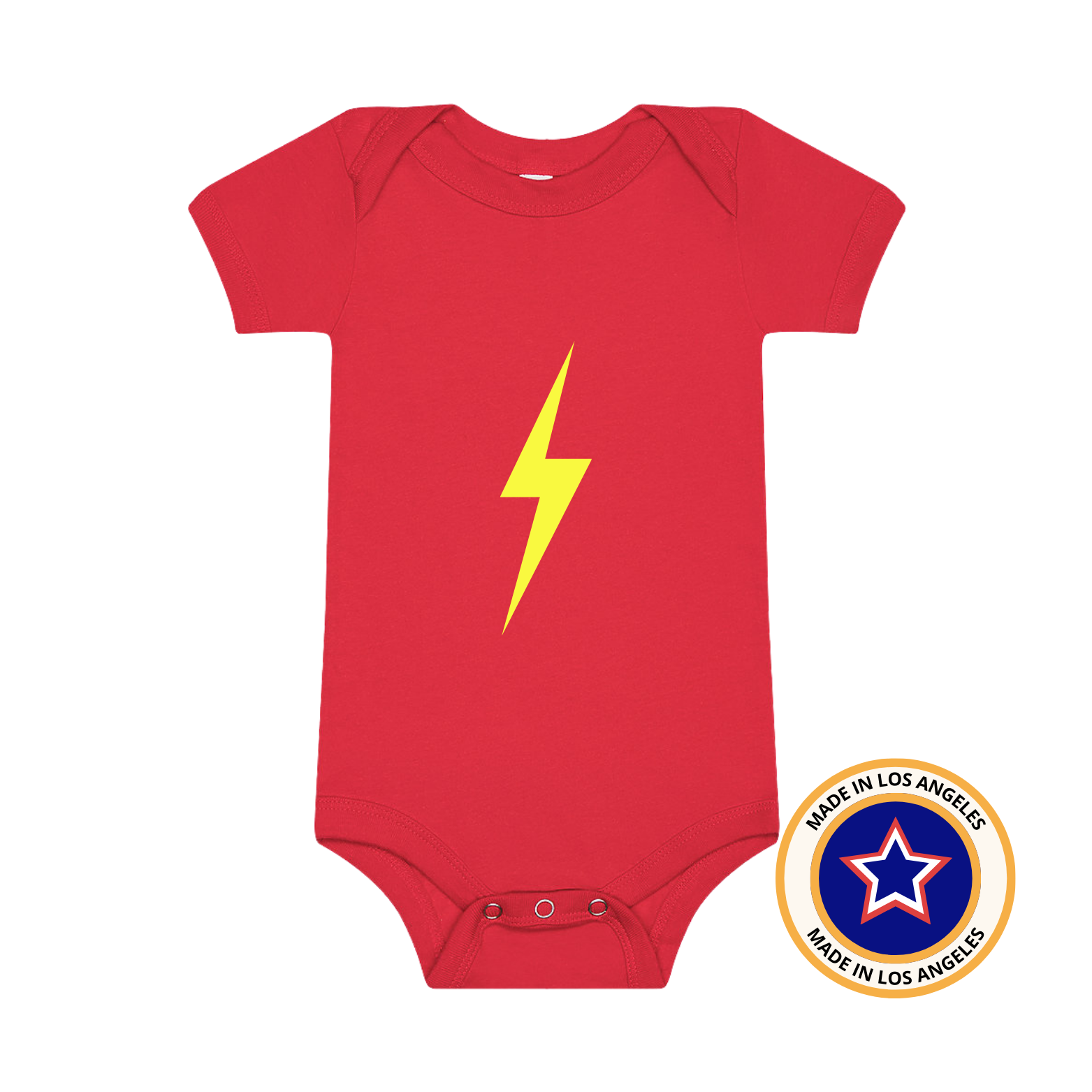 Red baby onesie with a neon yellow lightning bolt design.