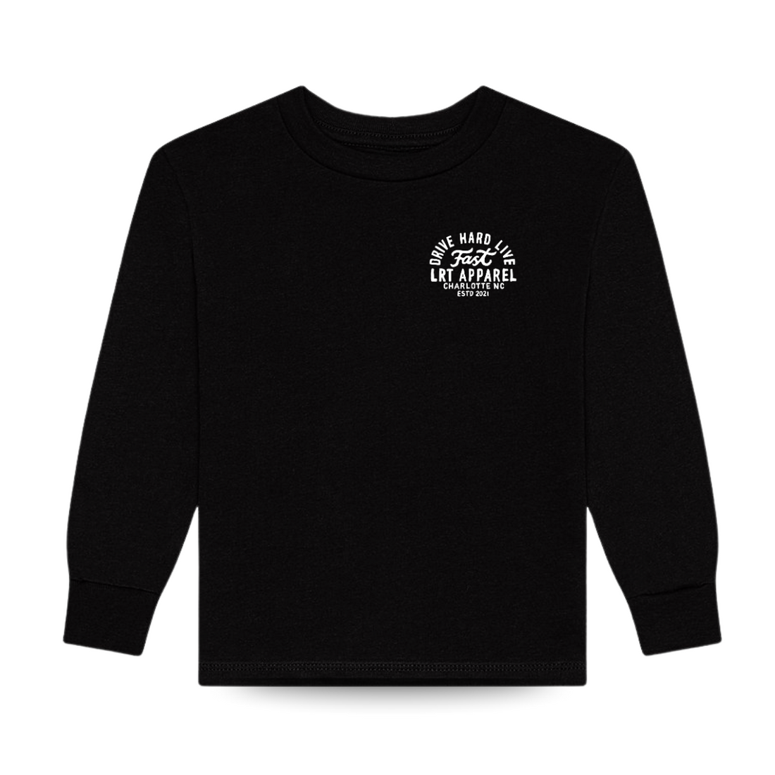 Back of Apex black long sleeve tee with 'Drive Hard Live Fast' graphic.