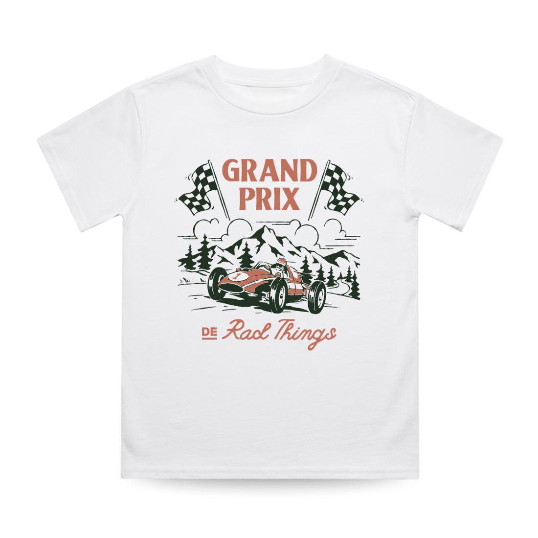 Grand Prix de Rad Things white t-shirt featuring a race car graphic.