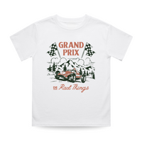 Grand Prix de Rad Things white t-shirt featuring a race car graphic.