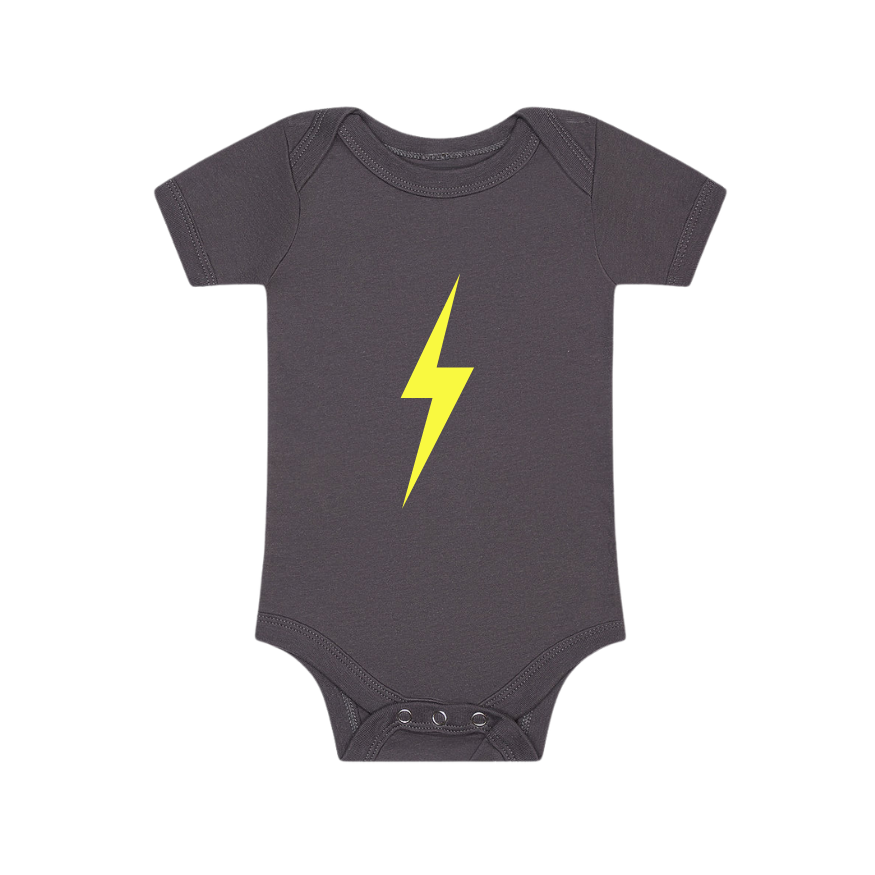 Graphite Spark Onesie with neon yellow lightning bolt graphic. Modern and trendy rad kids clothes.