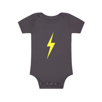 Graphite Spark Onesie with neon yellow lightning bolt graphic. Modern and trendy rad kids clothes.