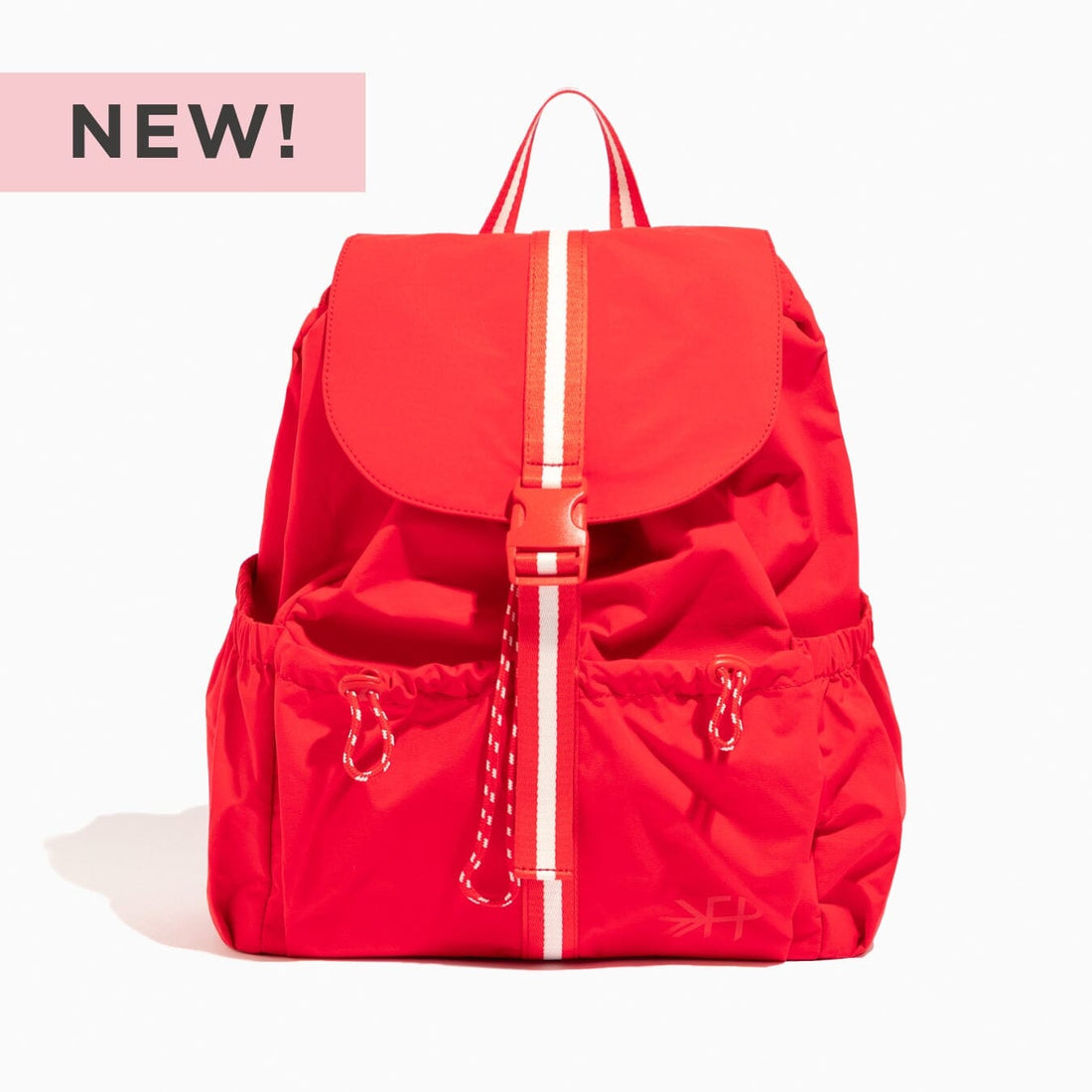 Cherry Motion Drawcord Backpack in red with white stripe detail.