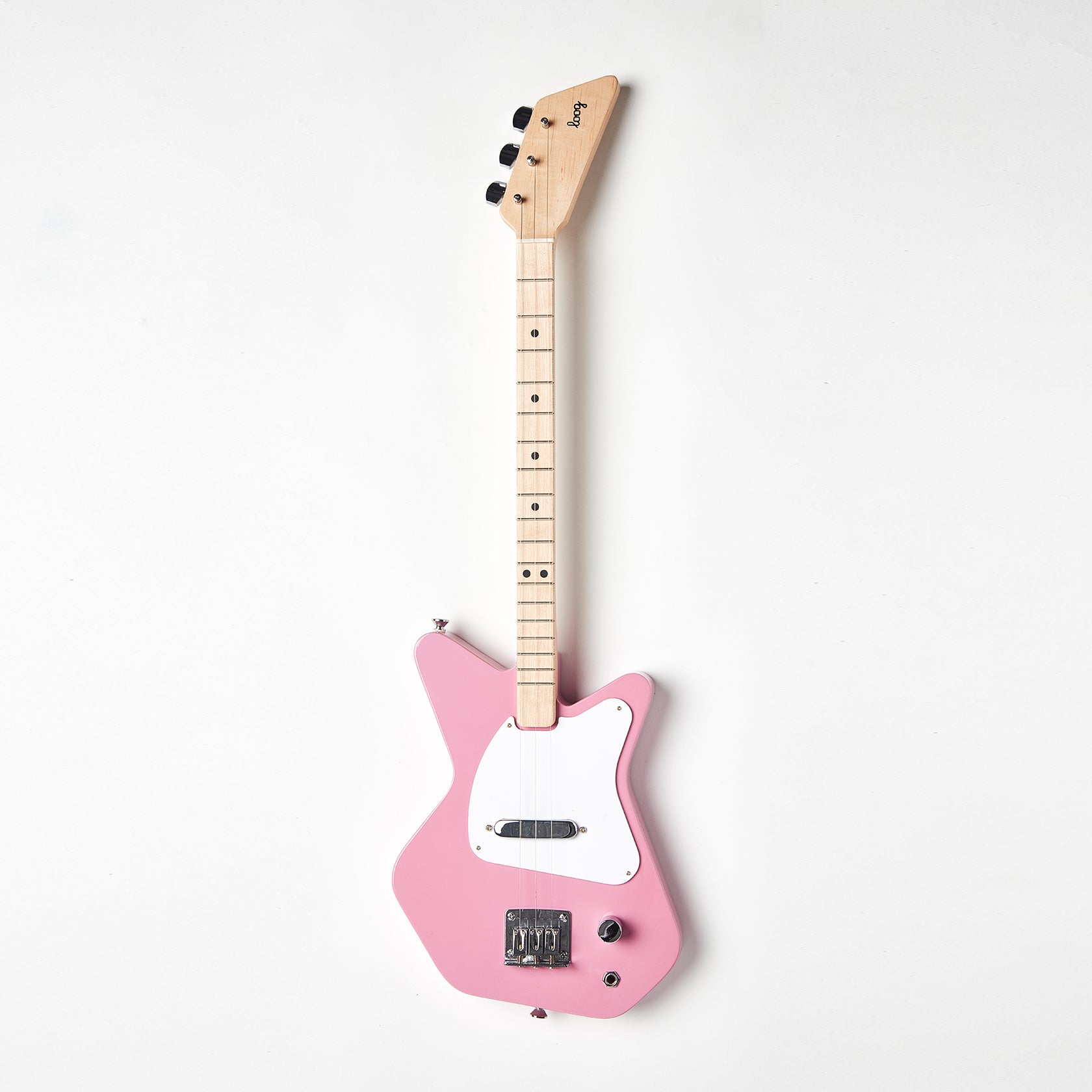 Pink Loog Pro Electric - a small, 3-string electric guitar for children.