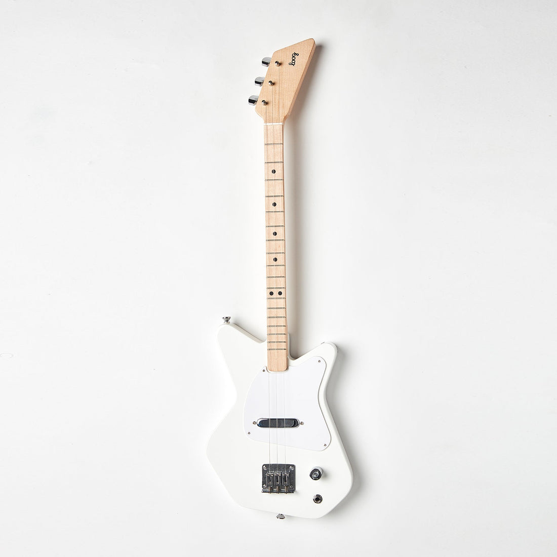 White Loog Pro Electric 3-string guitar for beginner musicians.