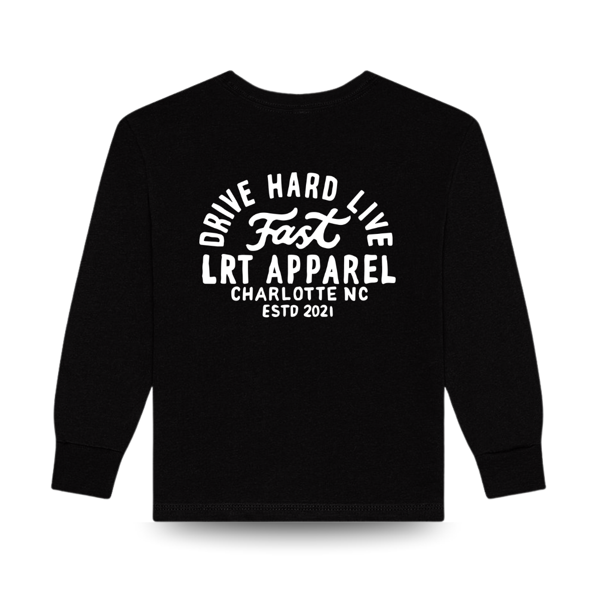 Apex black long sleeve tee with 'Drive Hard Live Fast' logo on back.