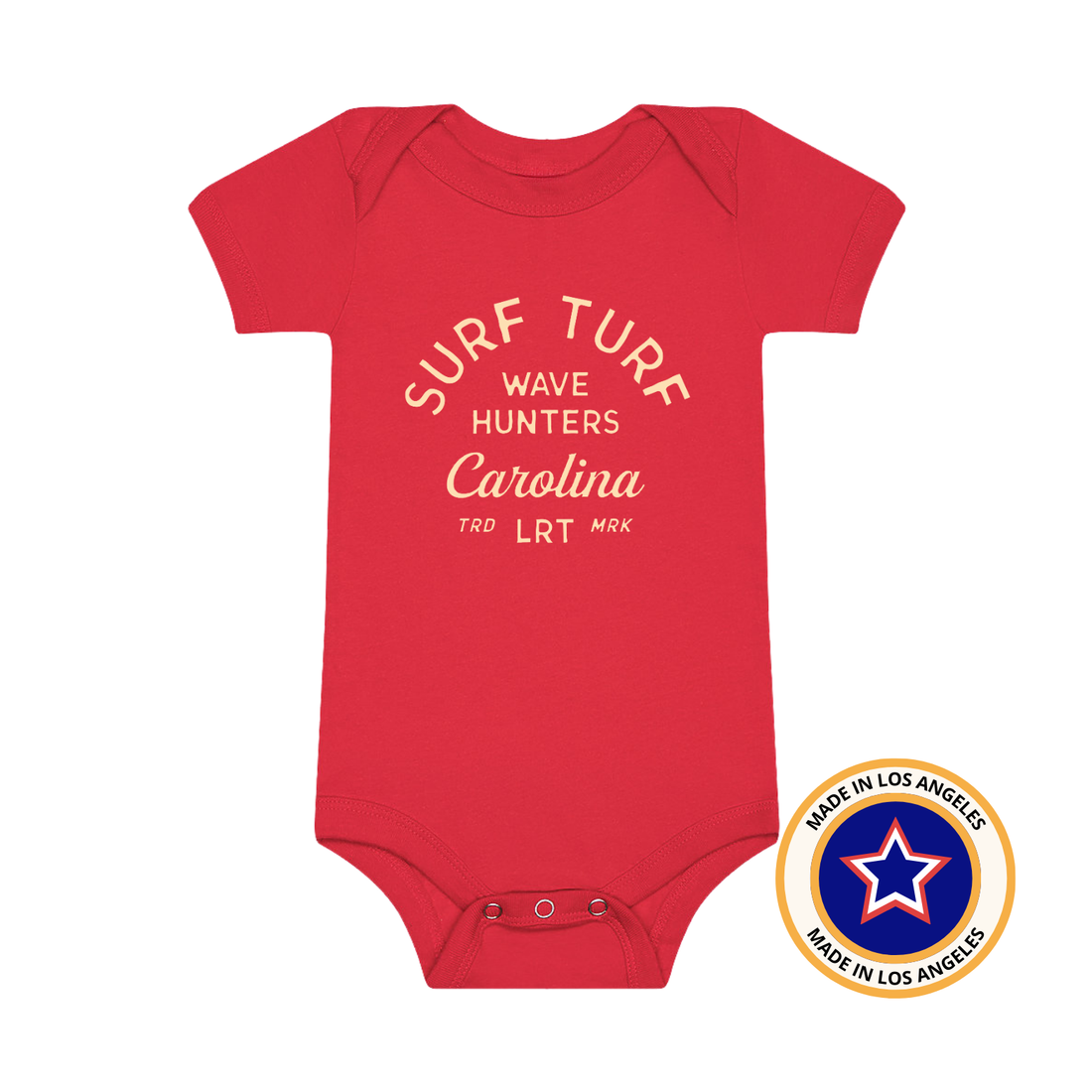 Red Wave Hunter Onesie with surf-inspired design for babies and toddlers.