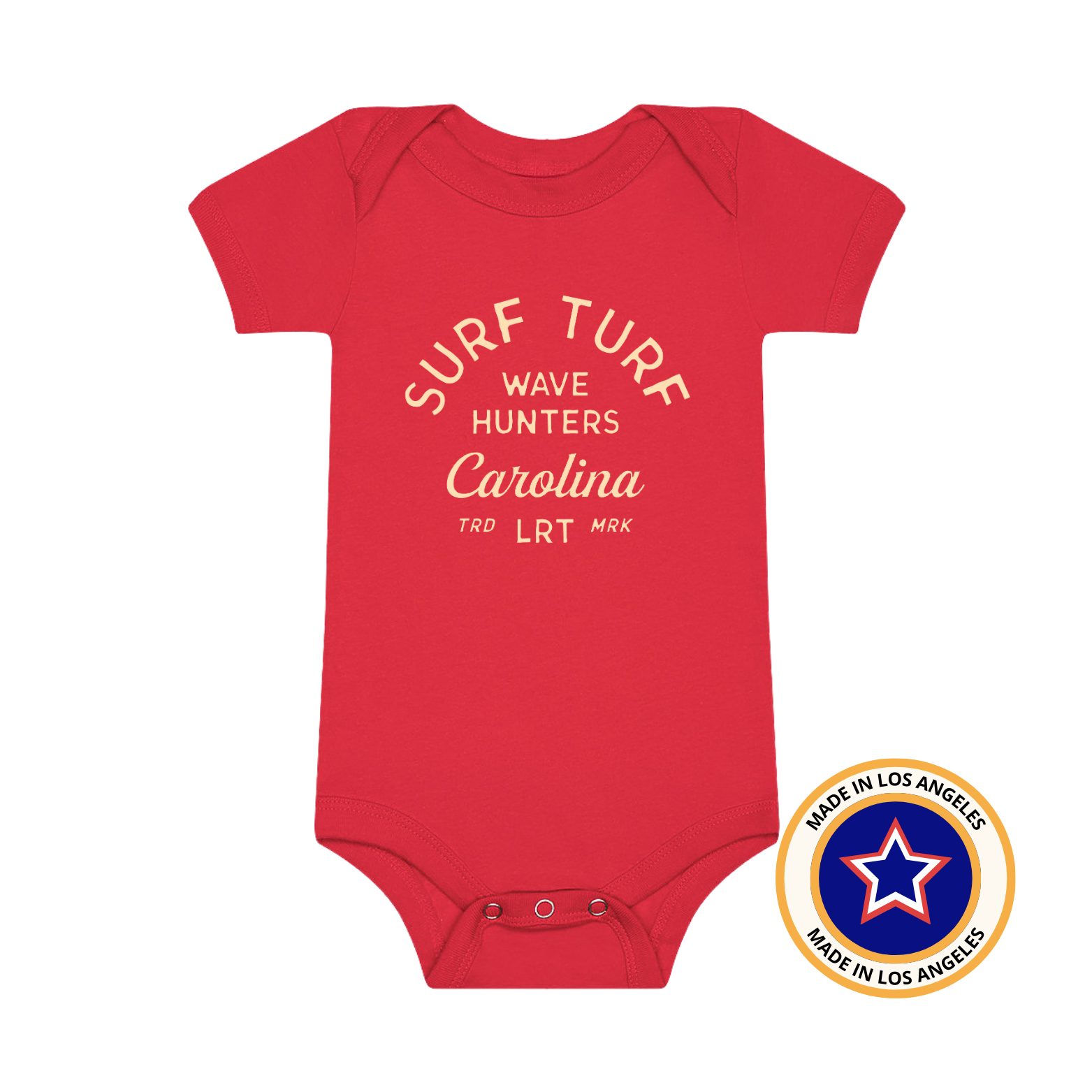 Red Wave Hunter Onesie with surf-inspired design for babies and toddlers.