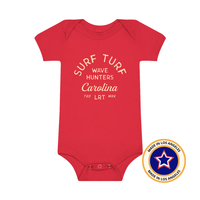 Red Wave Hunter Onesie with surf-inspired design for babies and toddlers.