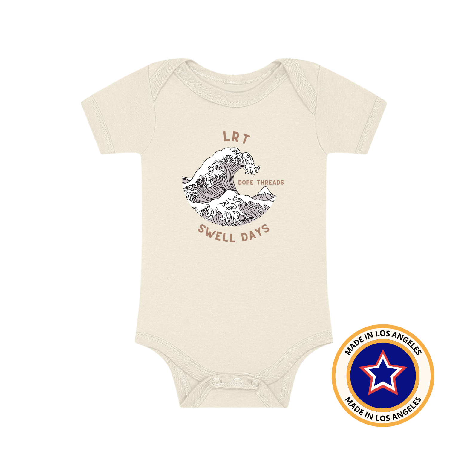 Cream Dope Threads Swell Days onesie with wave graphic and 'Made in Los Angeles' badge.