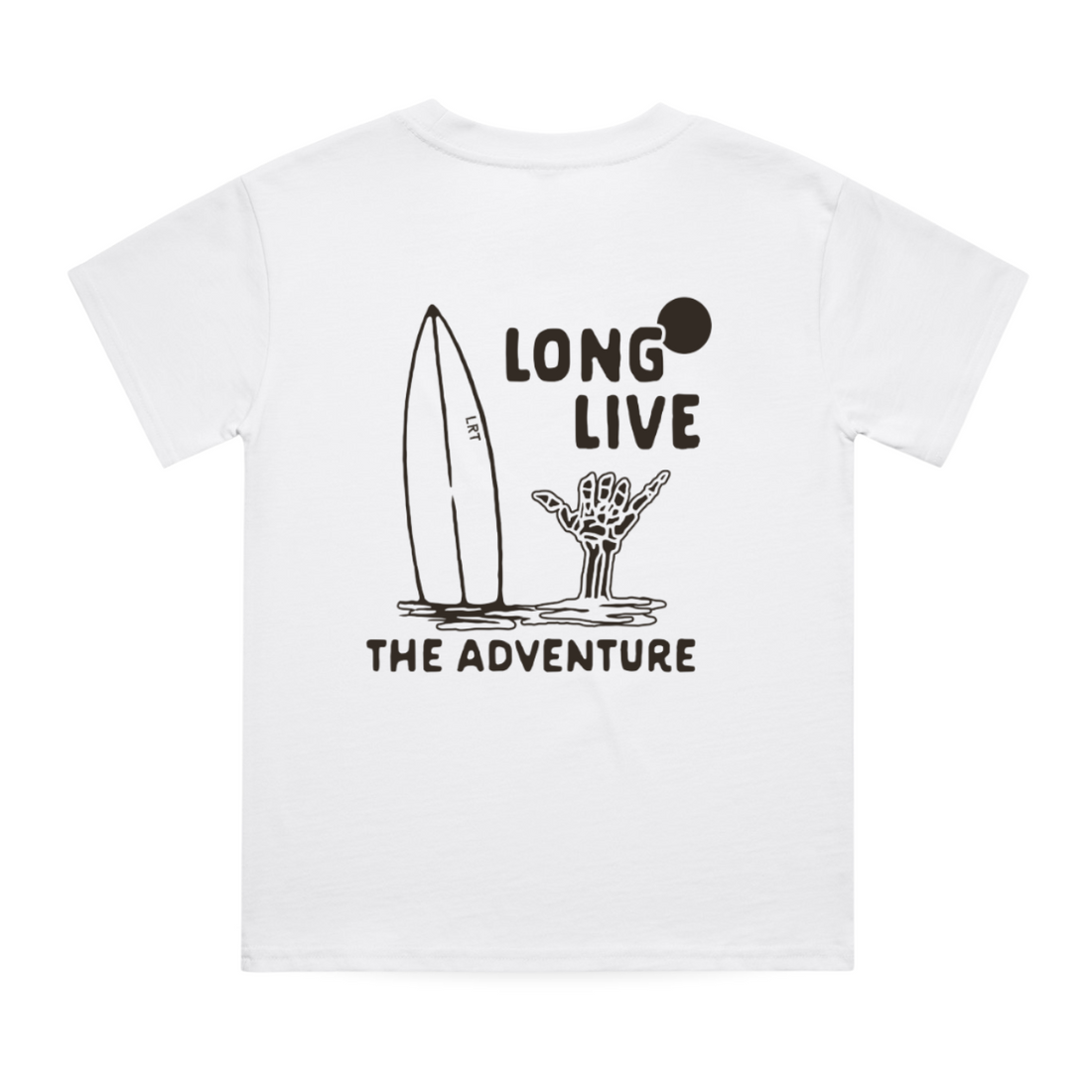 Back of white Long Live The Adventure Tee with surfboard graphic.