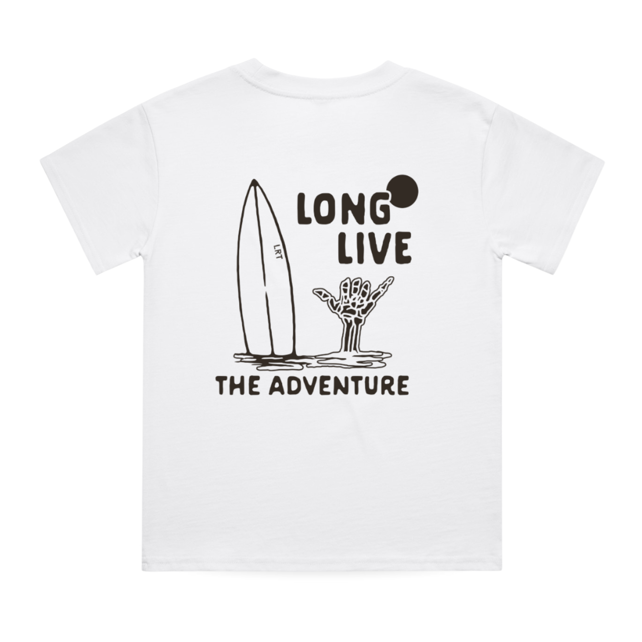 Back of white Long Live The Adventure Tee with surfboard graphic.
