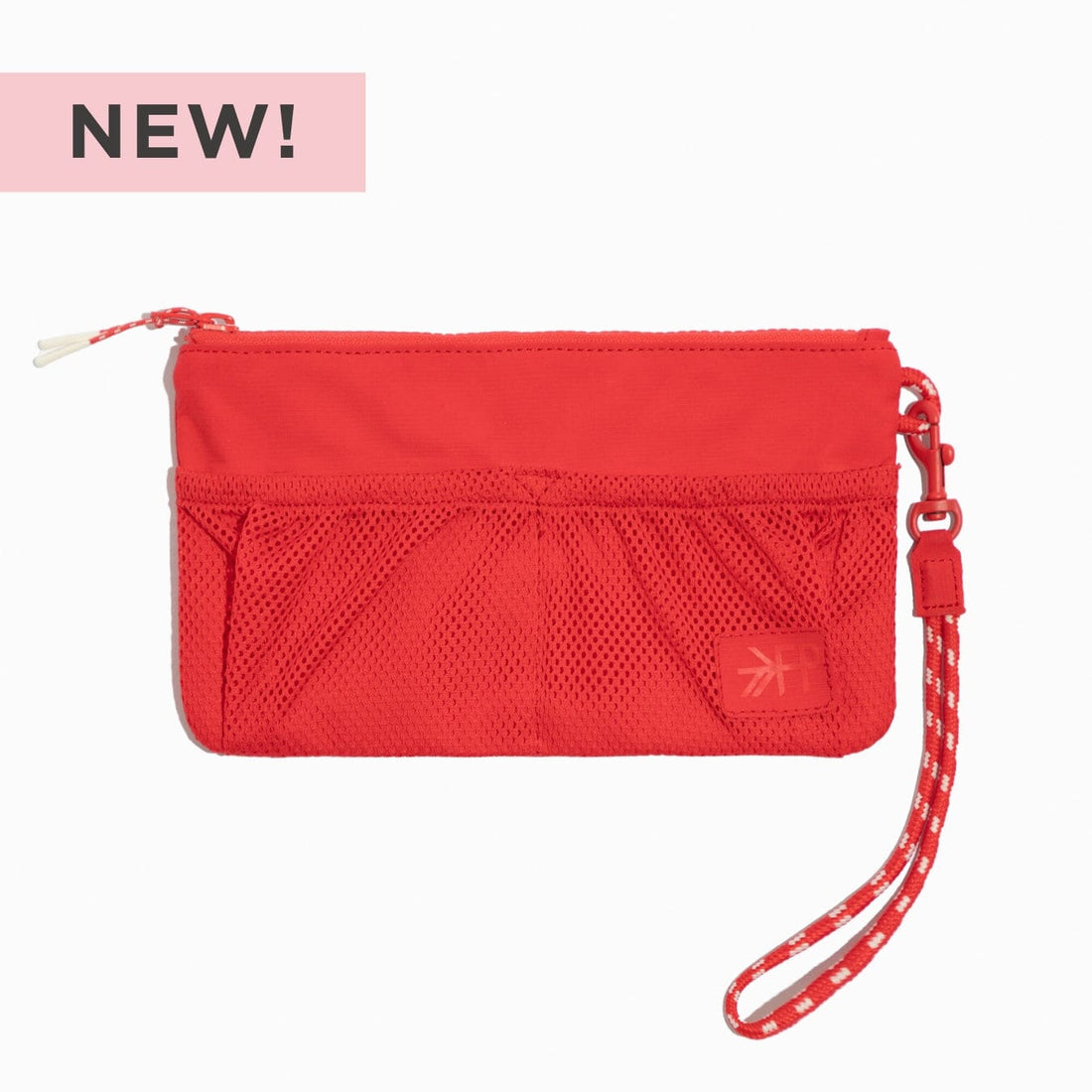 Cherry Motion Wristlet Pouch in red with exterior mesh pockets.