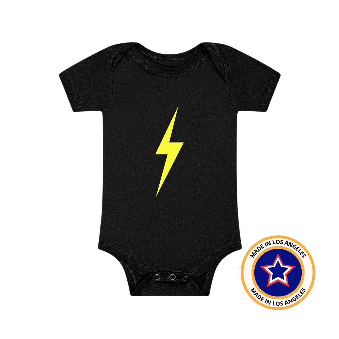 Black baby onesie with neon yellow lightning bolt graphic and 'Made in Los Angeles' seal.