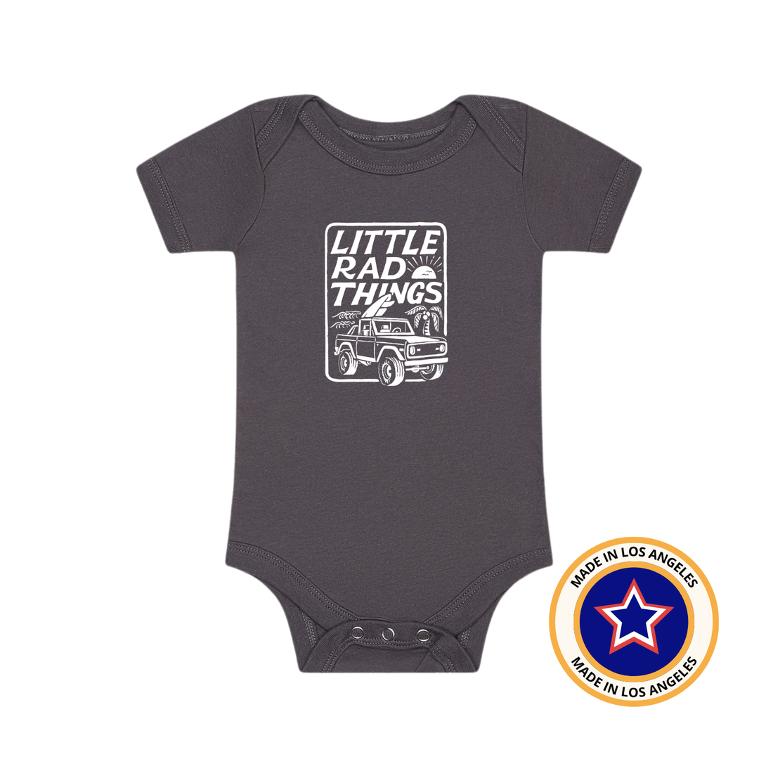 Grey Bronco LRT Onesie featuring a 'Little Rad Things' graphic with a Bronco illustration.