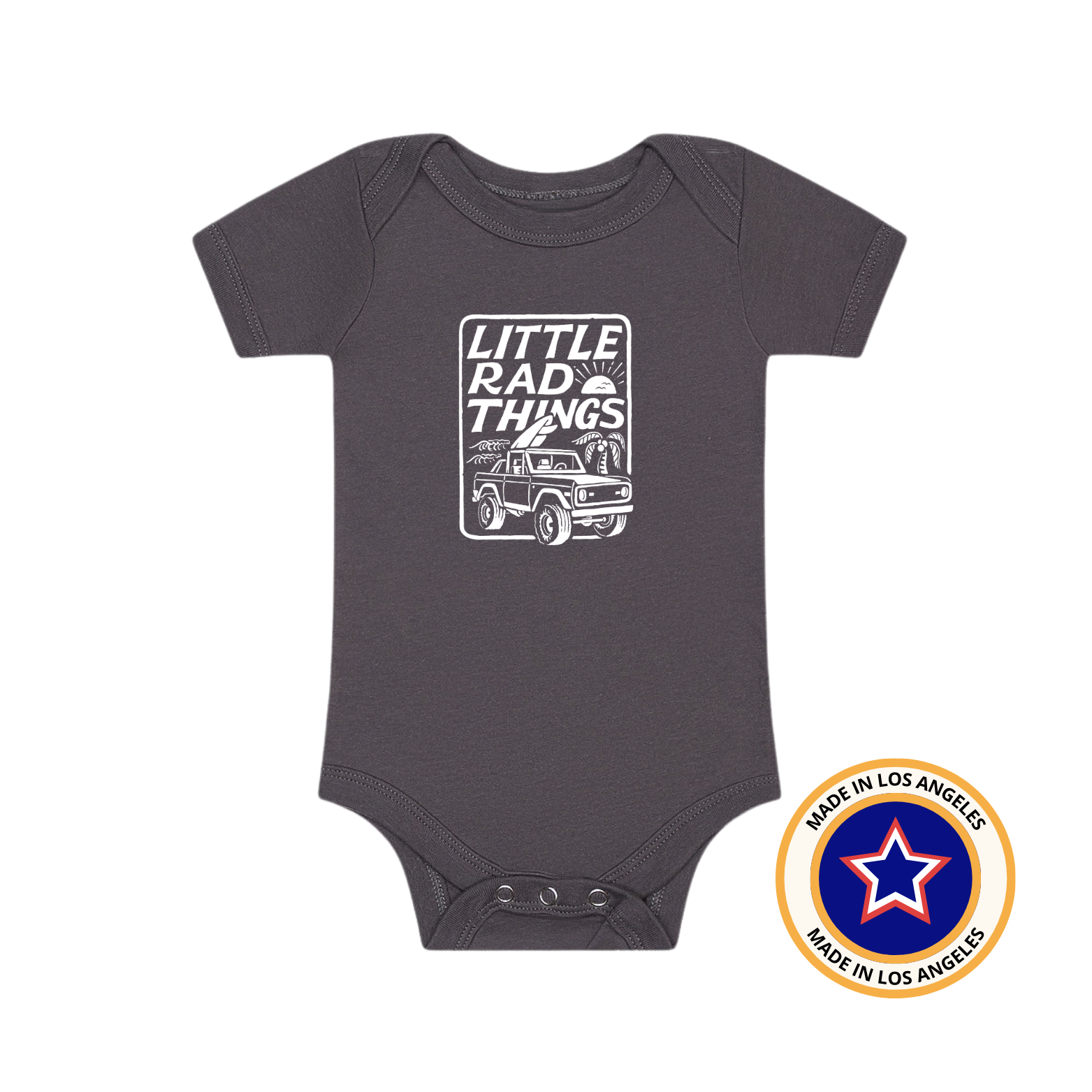 Grey Bronco LRT Onesie featuring a 'Little Rad Things' graphic with a Bronco illustration.