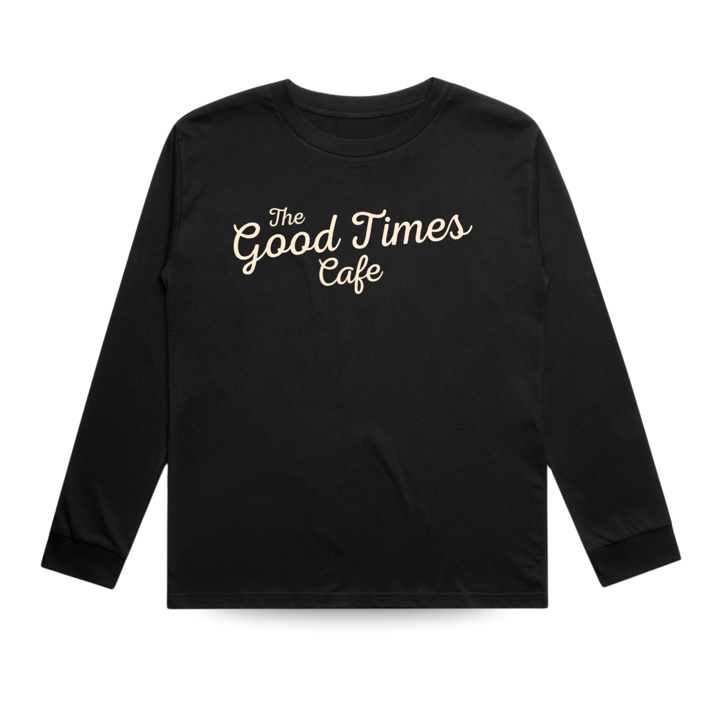 Good Times Cafe solid black long sleeve tee close-up.
