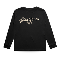 Good Times Cafe solid black long sleeve tee close-up.