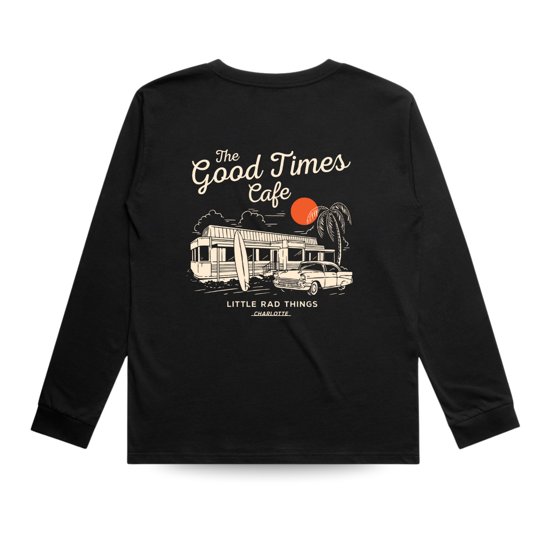 Good Times Cafe black long sleeve tee, back graphic detail.
