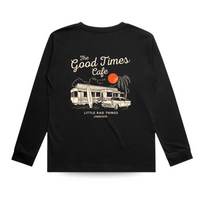 Good Times Cafe black long sleeve tee, back graphic detail.