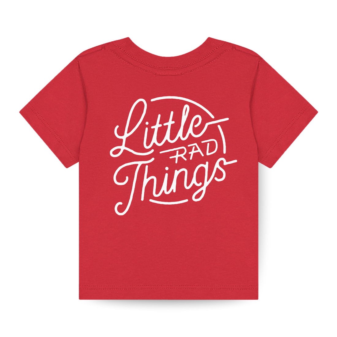 Red RAD Circle Logo Tee, back view with 'Little Rad Things' script.