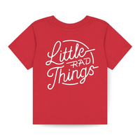 Red RAD Circle Logo Tee, back view with 'Little Rad Things' script.